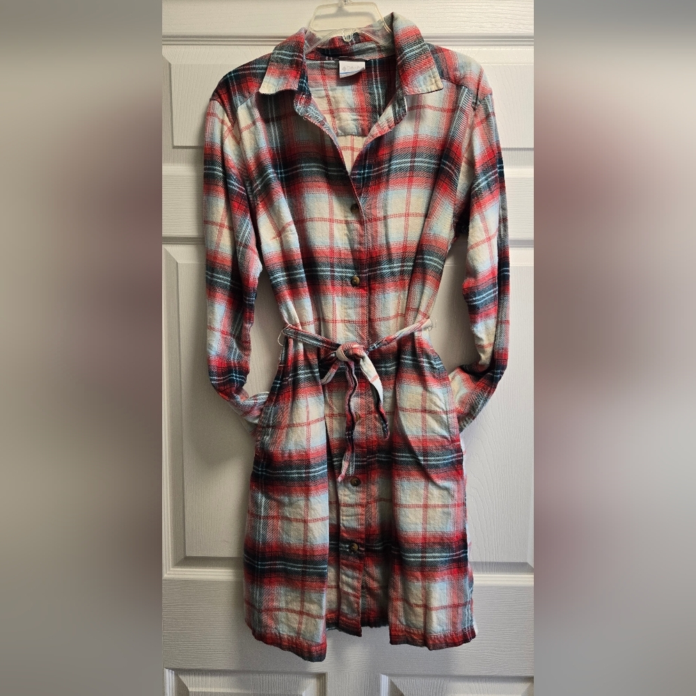 Pre Owned Columbia Flannel Shirt Dress Women’s Large Beige Red Holly Hideaway